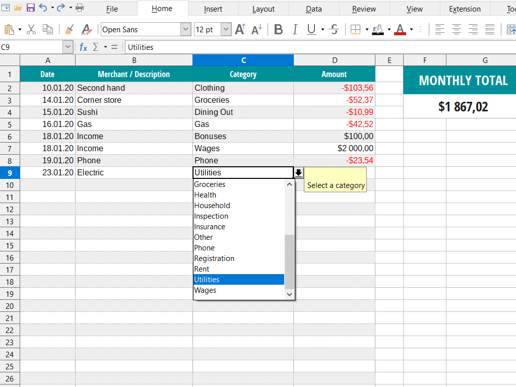 Captura de pantalla de Calc