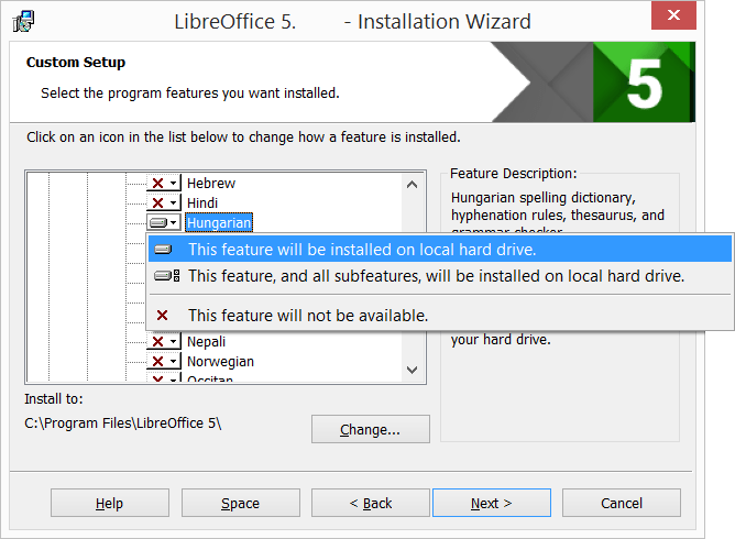 Diccionario ortográfico, reglas de silabación, sinonimia y comprobador gramatical para el húngaro | Asistente de instalación